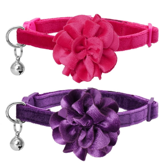 azuza 2 Pack Cat Collar Floral with Bell and Removable Flower Bowtie Breakaway Adjustable Velvet Fabric Cat Collar for Pets Holiday Party and Daily Decoration, Hot Pink & Purple