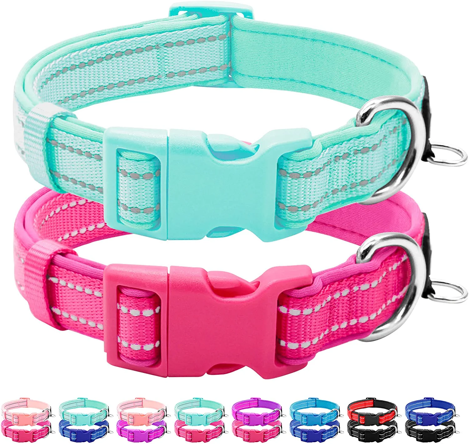 Azuza 2 Pack Reflective Neoprene Padded Dog Collars with ID Tag Ring