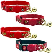 azuza 4 Pack Christmas Kitten Collar Set Adjustable Breakaway Kitten Collars with Bells New Year Pet Collar with Cute Design, Green Tree Snowflake Snowman 6 -8