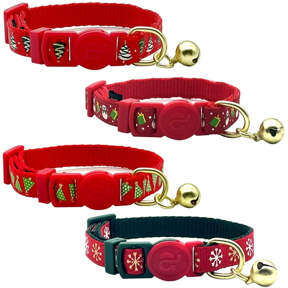 azuza 4 Pack Christmas Kitten Collar Set Adjustable Breakaway Kitten Collars with Bells New Year Pet Collar with Cute Design, Green Tree Snowflake Snowman 6”-8”