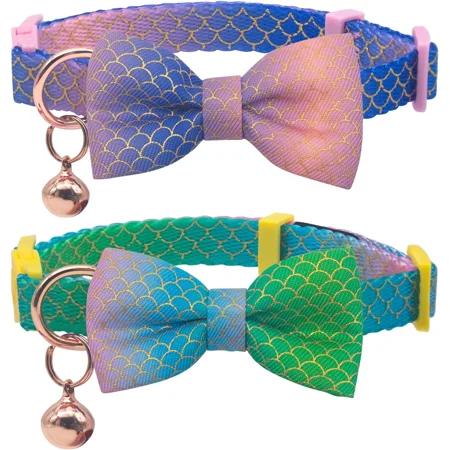 azuza Breakaway Mermaid Cat Collar with Bell 2 Pack Safety Buckle Cat Collars with Cute Bowtie Fish Scales Pattern Adjustable from 8"-12"