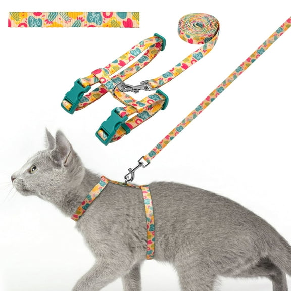 azuza Cat Harness and Leash Set for Safe Walking and Travel, Cat Harness Escape Proof Lightweight Size Adjustable Soft Material for Small Large Cats, Yellow Cactus