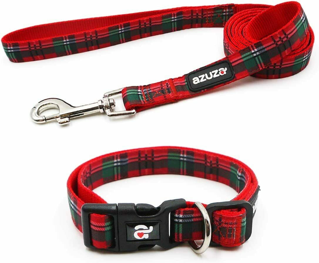 azuza Christmas Dog Collar and Leash Set, Buffalo Plaid Dog Collar with