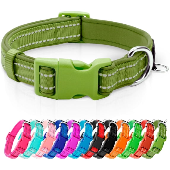azuza Reflective Dog Collar, Soft Neoprene Padded Pet Collar with ID Tag Ring, Adjustable for Medium Dogs,Army Green,M