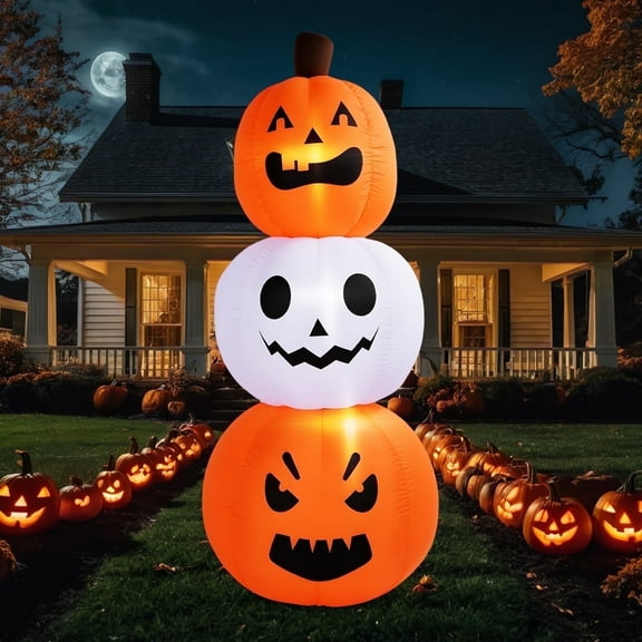 6 FT Halloween Inflatables Stacked Pumpkins Ghost with Build-in LEDs for Porch,Halloween Pumpkin Decor Blow up Yard Decorations