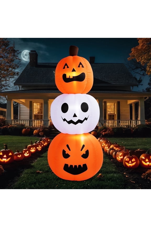 6 FT Halloween Inflatables Stacked Pumpkins Ghost with Build-in LEDs for Porch,Halloween Pumpkin Decor Blow up Yard Decorations