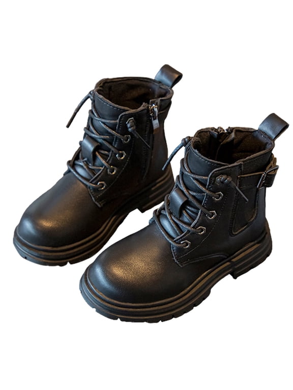 <b>Piebxs Big Kids Ankle Combat Boots, Round Toe Lace Up Side Zipper Casual Boots with Non Slip Thick Sole, 1 Pair, Size 26-36</b>