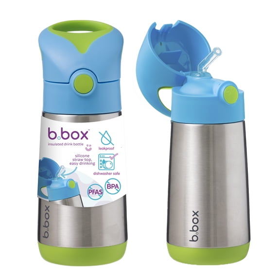 b.box Insulated Water Bottle 12 oz Blue Solid Print Stainless Steel Water Bottle with Free Flow Silicone Straw