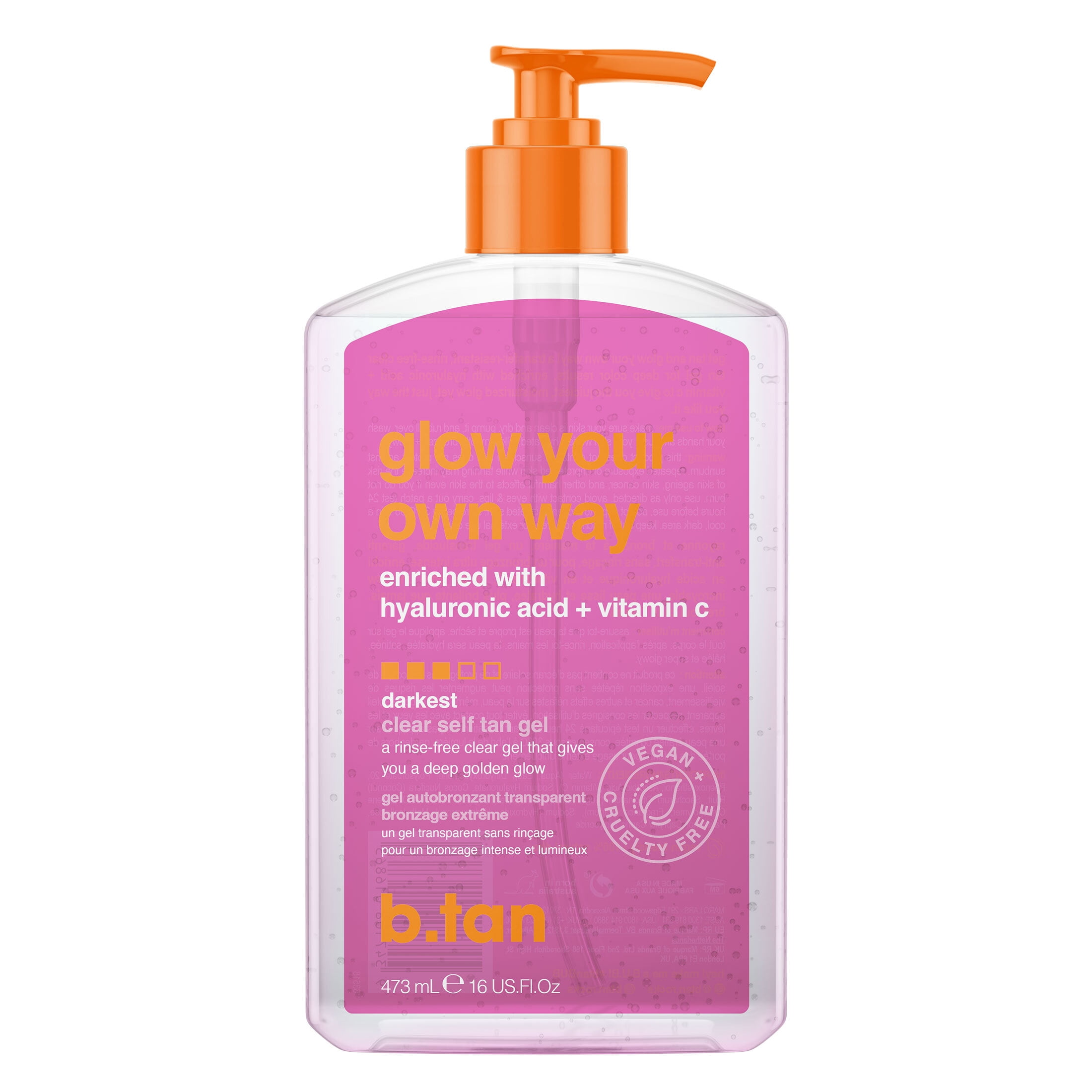 b.tan Glow Your Own Way Clear Self Tan Gel enriched with hyaluronic acid + vitamin c, no rinse required