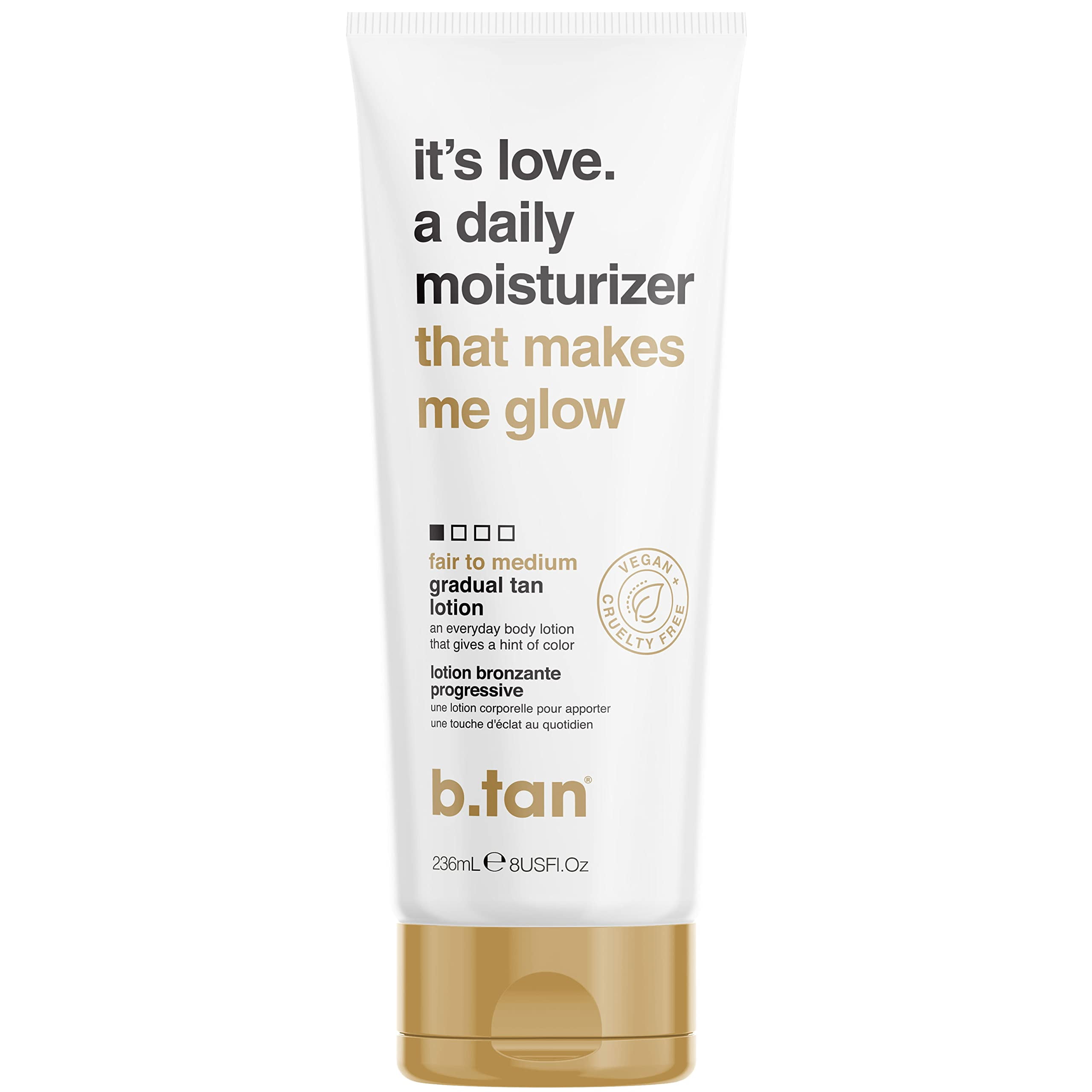 b.tan Light Gradual Self CM31Tanning Lotion | It's Love - Daily Moisturizing Body Lotion That Gives a Hint of Color, Keeps Skin Hydrated, Silky + Smooth, Vegan, Cruelty & Paraben Free, 236ml