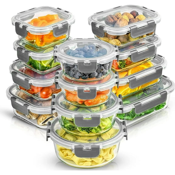 b24pc Borosilicate Glass Storage Containers with Lids | 12 Airtight/Freezer Safe Food Storage Containers for Pantry and Kitchen | Meal Prep Container for Lunch | Glass Tupperware Set