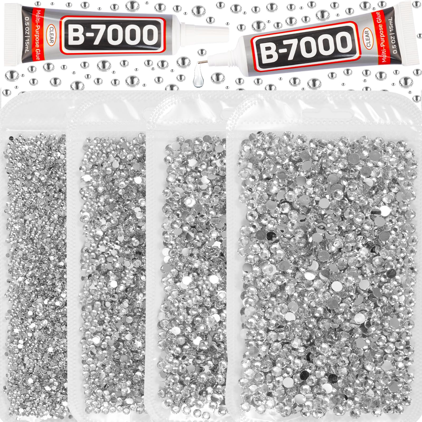 B7000 Glue & 7500Pcs Black Rhinestones Kit – 2-5mm Flatback Crystals For Crafts, Clothes, Shoes – Includes Wax Picker Pencil