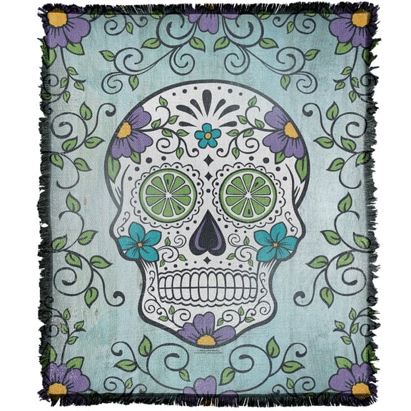 bCreative - Retrorocket Studio Blanket, 50'x60' Sugar Skull Woven Tapestry Cotton Blend Fringed Throw Blanket