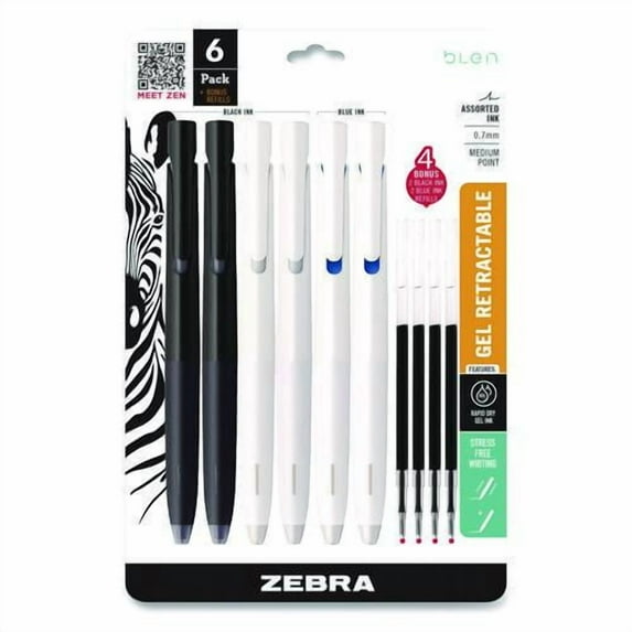 bLen Gel Pen, Medium 0.7 mm, Black; Blue Ink, White; Black Barrel, 6/Pack | Bundle of 10