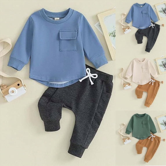 baby-boys Shirt and Pant Set, Long Sleeve Top & Bottom Outfit Bundle, Organic Cotton 6-12 Months 12-24 Months 2T 3T 4T 5T 6T 7T 8T 9T Children(Blue,12-18 Months)