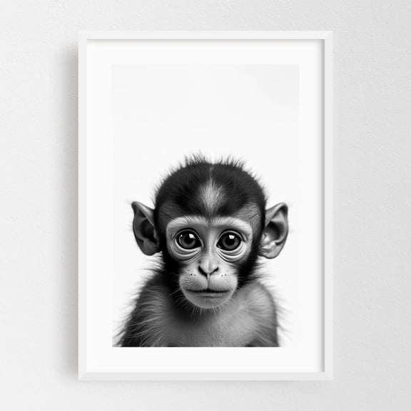 baby monkey - Photography Animal Wildlife Black and White Portrait Nature Illustration White Framed Wall Art Print 5 x 7 inches