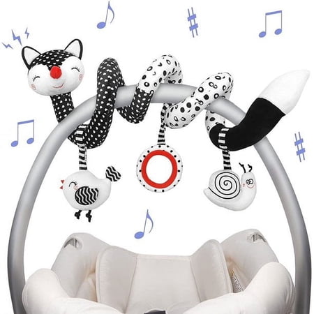 baby spiral plush toys, black and white baby carriage toys, car seat toys, hanging rattle toys for crib movement, best gifts for newborn sensory toys 0 3 6 9 12 months baby fox