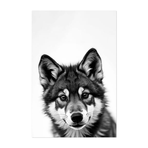 baby wolf - Photography Animal Wildlife Black and White Dog Portrait Nature Minimalist Unframed Wall Art Print 32 x 48 inches