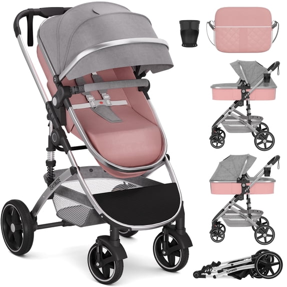 MoveEase 2 in 1 Baby Stroller,Convertible Infant Strollers Reversible with Cup Holder & Storage Bag,Pink