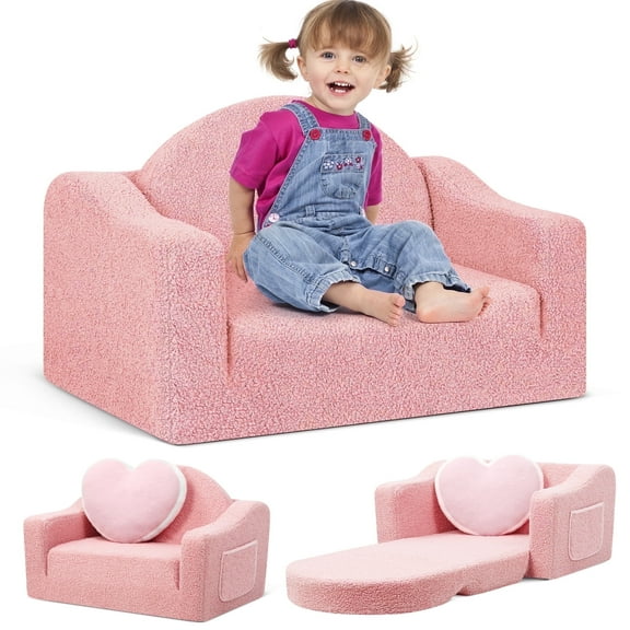 babyeap Kids Sofa,2-in-1 Soft Toddler Couch Fold Out,Toddler Chair Baby Convertible Couch for Girls and Boys,Pink