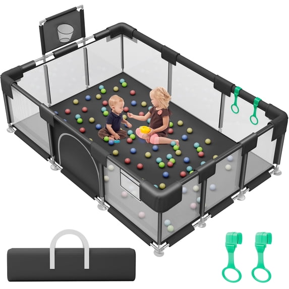 babyeap Baby Playpen,73 Inch Extra Large Baby Playard,Playpen for Babies and Toddlers With Basketball Hoop,Children Kids Play Fence for Indoors Outdoors,Black