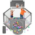thumbnail image 1 of babyeap Baby Playpen with Basketball Hoop,Playpen for Babies and Toddlers,Hexagonal Fence Baby Play Yards,Dark Gray, 1 of 7