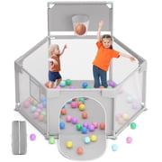babyeap Baby Playpen with Basketball Hoop,Playpen for Babies and Toddlers,Hexagonal Fence Baby Play Yards,Light Gray