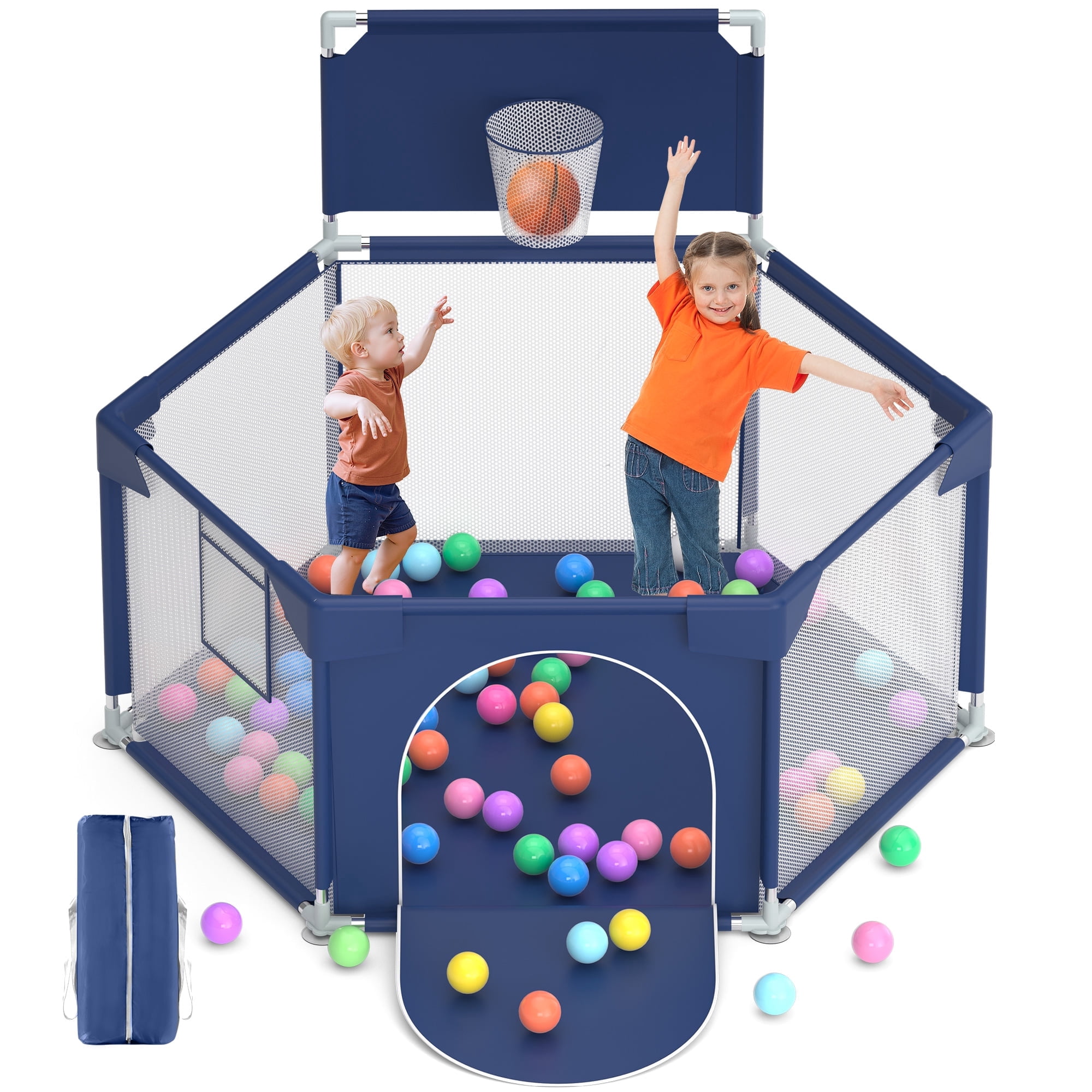 babyeap Baby Playpen with Basketball Hoop,Playpen for Babies and Toddlers,Hexagonal Fence Baby Play Yards,Navy Blue