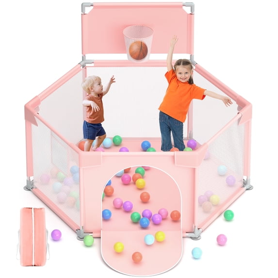 babyeap Baby Playpen with Basketball Hoop,Playpen for Babies and Toddlers,Hexagonal Fence Baby Play Yards,Pink