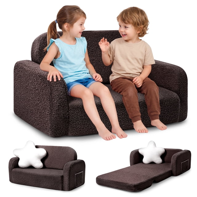 Babyeap Extra Wide Kids Chair,2-in-1 Convertible Toddler Chairs,Soft Comfy Kids Couch, Kids Sofa for Boys & Girls 3+,Brown