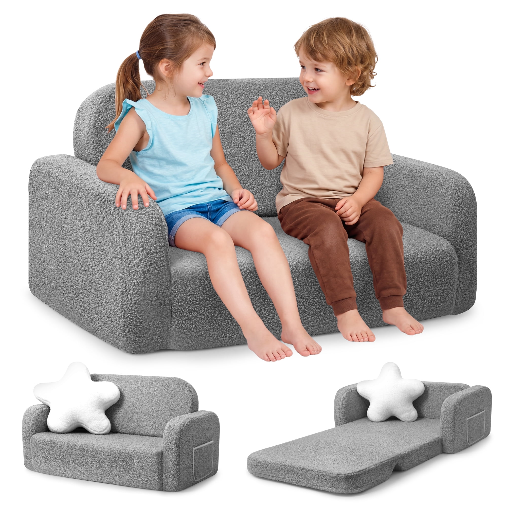 Babyeap Extra Wide Kids Chair,2-in-1 Convertible Toddler Chairs,Soft Comfy Kids Couch, Kids Sofa for Boys & Girls 3+,Light Gray