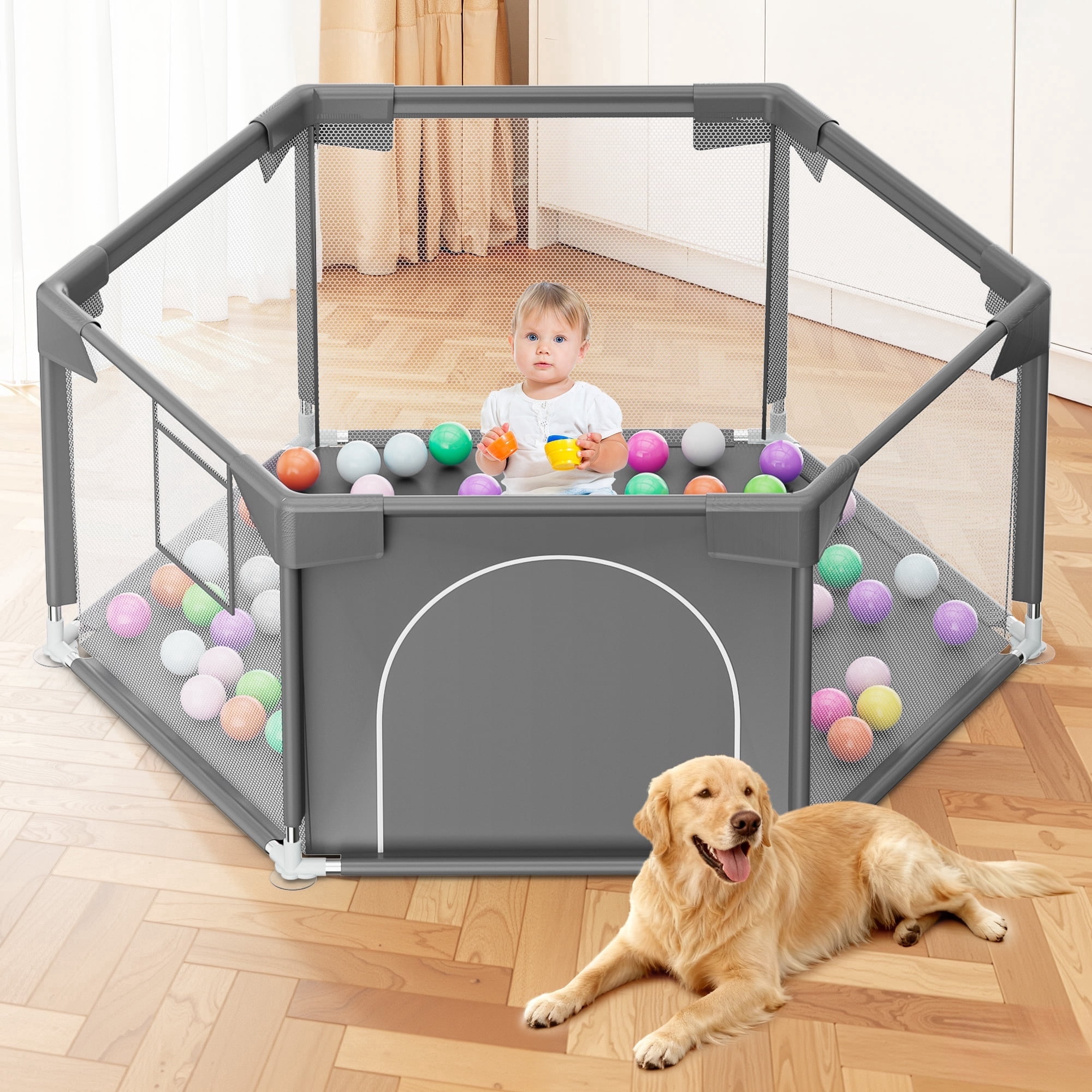 babyeap 50 Inch Baby Playpen,Fence Baby Play Yard for Indoors Outdoors,Hexagonal Toddler Playpen,Dark Gray