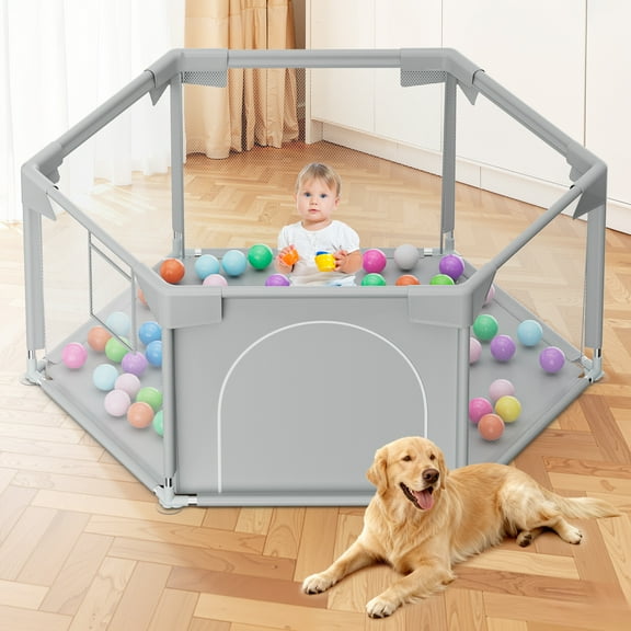 babyeap 50 Inch Baby Playpen,Fence Baby Play Yard for Indoors Outdoors,Hexagonal Toddler Playpen,Light Gray