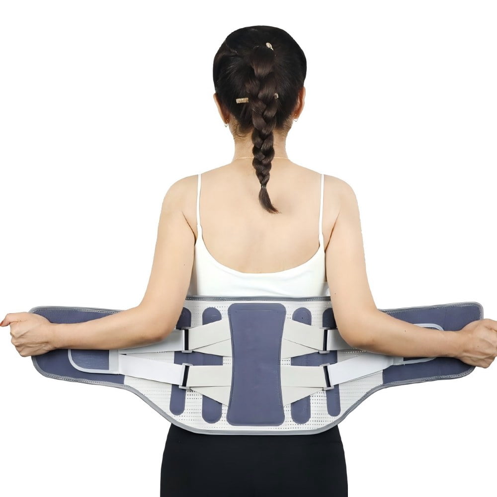 The back brace features 8 support straps to alleviate lower back pain. This unisex back support belt provides extensive lumbar support with large-area aluminum reinforcement, designed to treat hernia