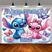 The background of Stitch's Happy birthday - vibrant cartoon design with butterflies and hearts, durable polyester fabric for indoor/outdoor gatherings, Ramadan, Easter, graduation, Mother's Day