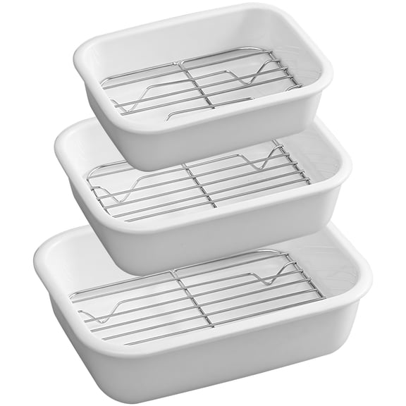 3 Pcs Ceramic Baking Dishes Set with Rack, Microwave Steamer Plate, Rectangular Deep Dish Lasagna Pan, Oven Safe Dishwasher Safe for Home Kitchen, Restaurant Dining