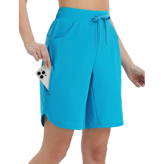 baleaf Bermuda Shorts for Women Knee Length 9'' Long Zipper Pockets High Waisted Quick Dry Lightweight Aqua Blue L