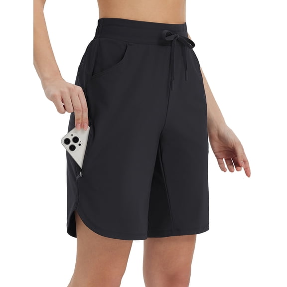 baleaf Bermuda Shorts for Women Knee Length 9'' Long Zipper Pockets High Waisted Quick Dry Lightweight Black L