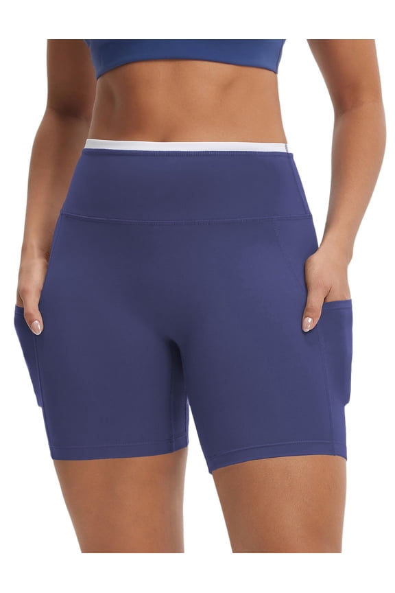 Biker Shorts for Women High Waist Tummy Control with Pockets Yoga Workout Gym Bike Shorts No Front Seam Navy Blue/White S