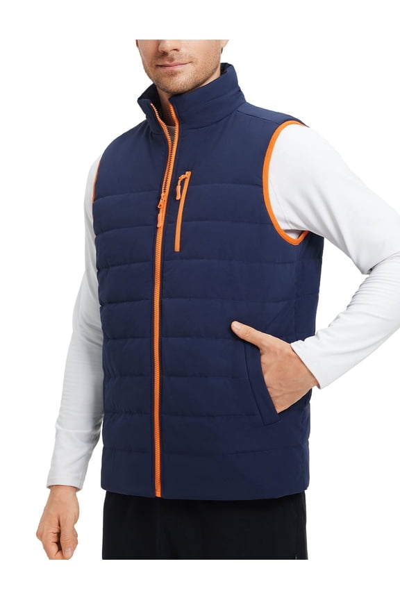 Men's Fleece Lined Puffer Vest Lightweight Warm Sleeveless Jacket with Full Zip Winter Vest for Golf Running Navy Blue L