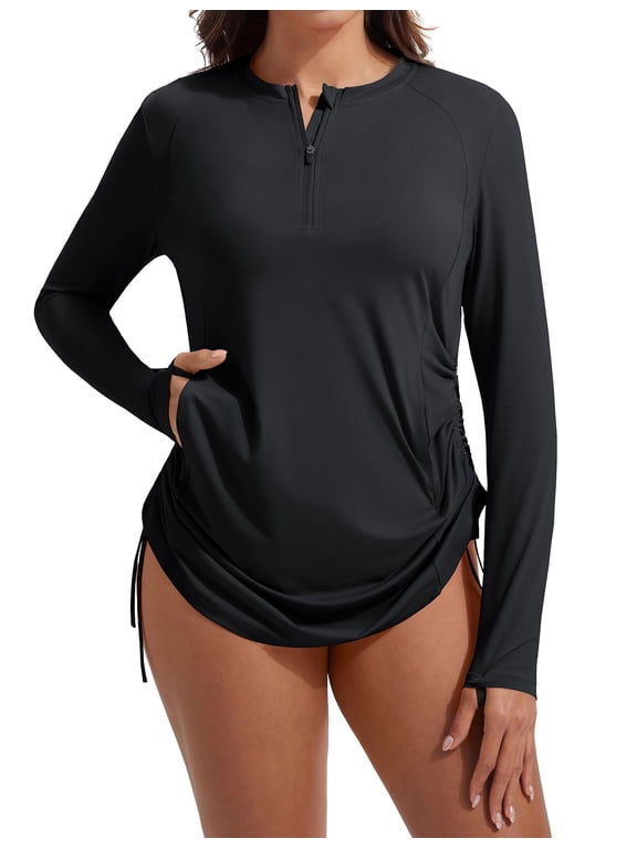 Rash Guard for Women Sun Protection Swim Shirts for Woman UPF 50+ Long Sleeve Swimsuit Top with Pocket Black L
