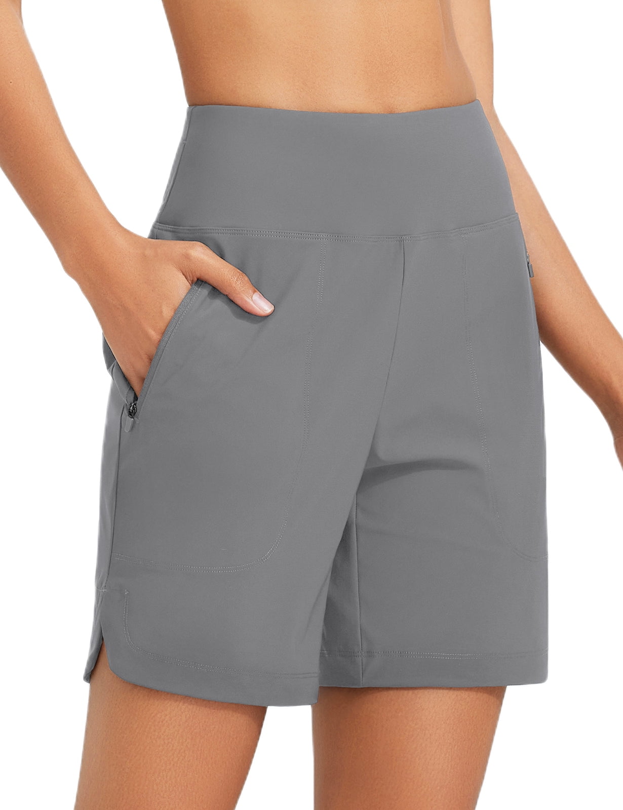 baleaf Women's 7'' Swim Board Shorts with Zipper Pockets High Waisted Tummy Control Long Beach Swimming Shorts UPF 50+ Quick Dry Modest Swimsuits Bottoms Dark Gary L