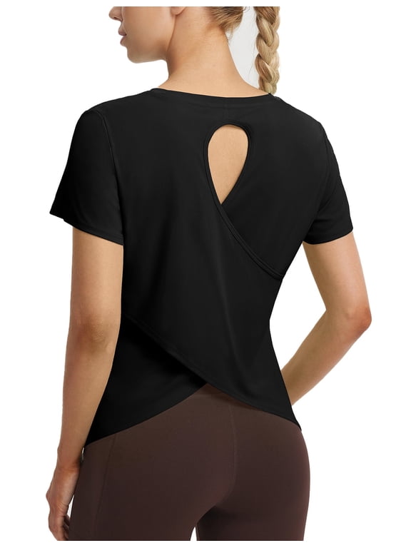 Women's Athletic Running Short Sleeve Shirts Workout Tops Quick Dry Moisture Wicking Gym Yoga Hiking T-Shirts UPF 50+ Black Large