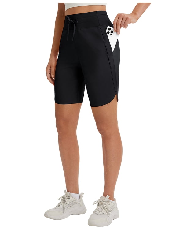 Women's Bermuda Long Shorts with Pockets 9 inch High Waisted Quick Dry Athletic Knee Length Shorts Walking Summer Casual Black M
