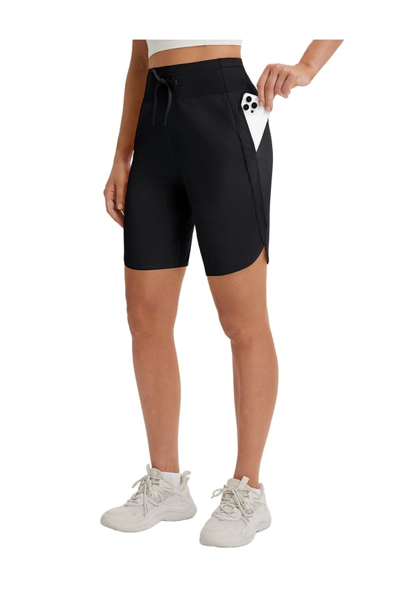 Women's Bermuda Long Shorts with Pockets 9 inch High Waisted Quick Dry Athletic Knee Length Shorts Walking Summer Casual Black M
