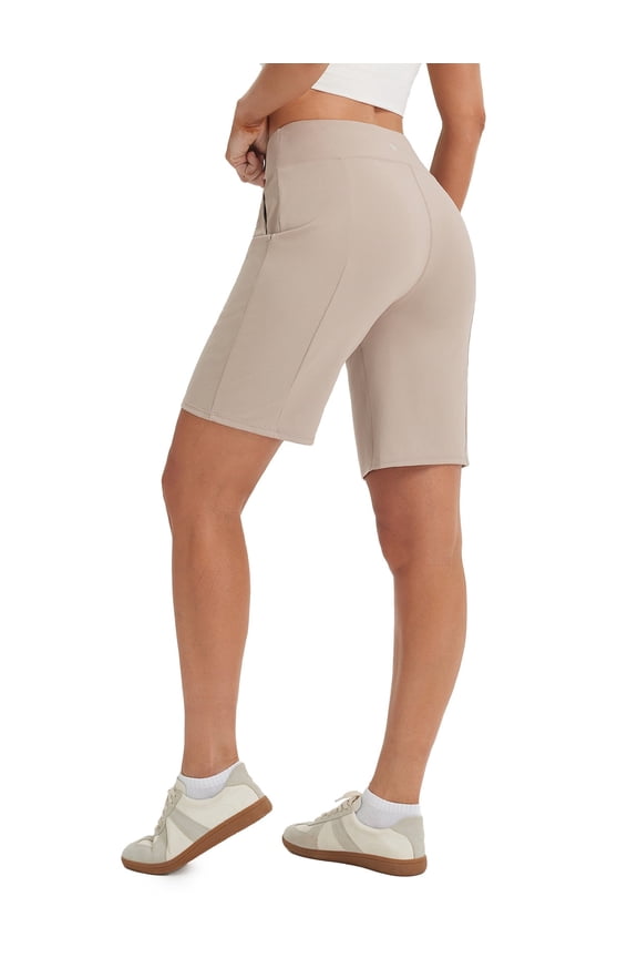 Women's Bermuda Shorts 9" Knee Length High Waisted Long Shorts with Zipper Pockets Golf Shorts for Women Walking Travel Athletic Running Hiking Workout Beige M