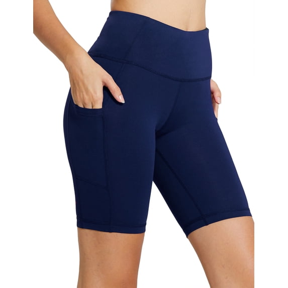 baleaf Women's High Waist Biker Shorts Tummy Control Spandex Shorts with 3 Pockets for Yoga Running Workout Compression 8" Navy Blue XXXL
