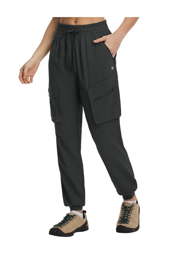 Women's Lightweight Cargo Joggers 6 Pockets Quick Dry Ripstop Water Resistant Hiking Pants with Zipper Travel Casual UPF50+ Black XL