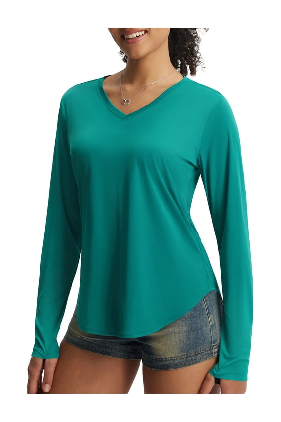 Women's Long Sleeve Sun Shirts UPF50+ UV Protection Rash Guard Lightweight Quick Dry V Neck Workout Hiking Tops Green XL