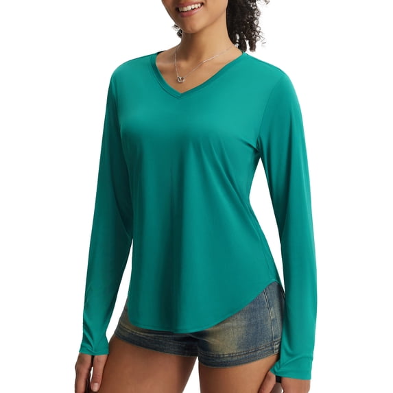 baleaf Women's Long Sleeve Sun Shirts UPF50+ UV Protection Rash Guard Lightweight Quick Dry V Neck Workout Hiking Tops Green XS